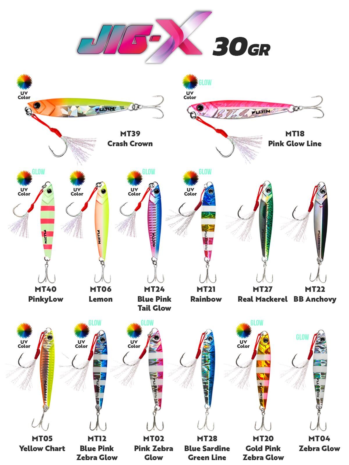 Fujin Jig-X 30gr Light Jigging jig Yem #Renk MT12 BLUE PİNK ZEBRA GLOW