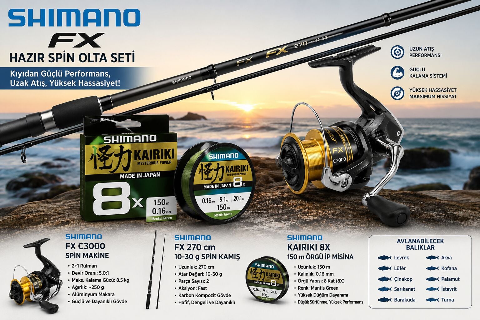 Shimano FX C3000 + Shimano FX 270 cm 10-30 gr Spin Olta Seti | Shimano Kairiki 8X 150 m Örgü İp