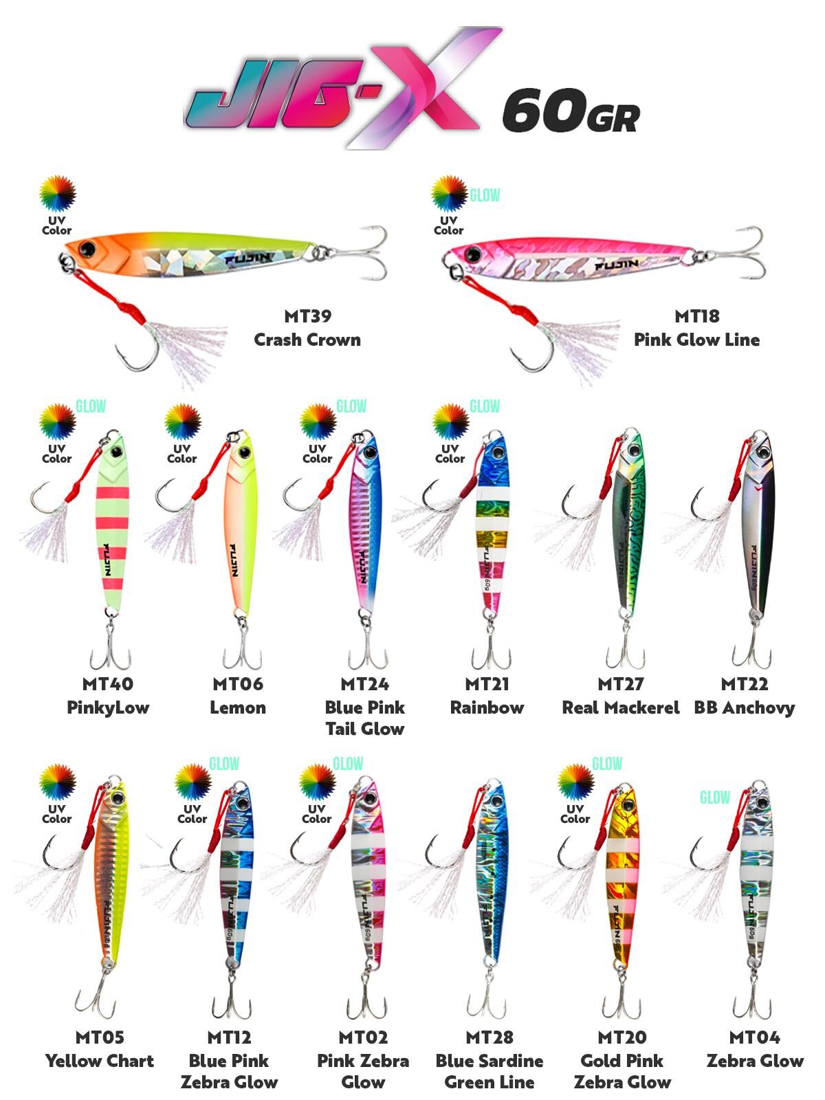 Fujin Jig-X 60gr Shore Jigging Jig Yem RENK: Blue Pink Zebra Glow
